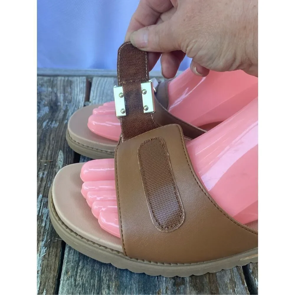 Dr. Scholl’s Island Icon Tan Slide Sandals Gold Buckle Women’s Size 8.5W